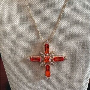 Beautiful Gold Padparadscha Crystal  Cross Pendant Necklace w/Diamonique Accent